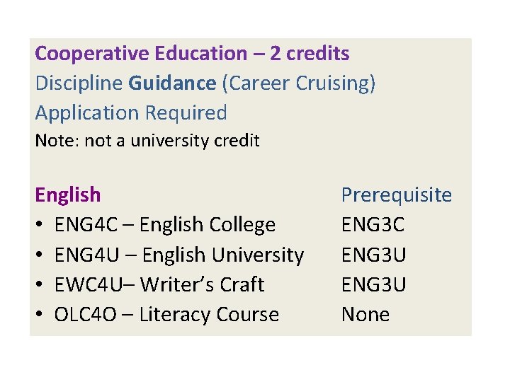 Cooperative Education – 2 credits Discipline Guidance (Career Cruising) Application Required Note: not a
