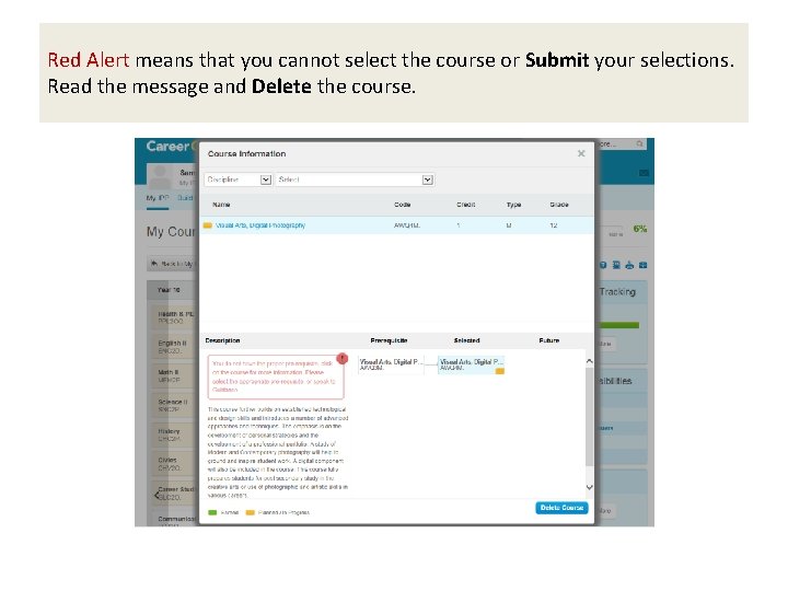 Red Alert means that you cannot select the course or Submit your selections. Read