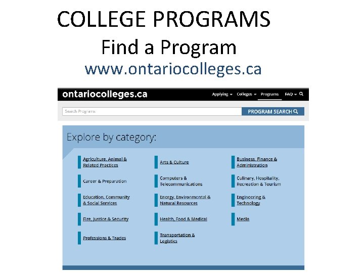 COLLEGE PROGRAMS Find a Program www. ontariocolleges. ca 