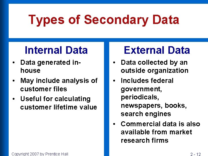 Types of Secondary Data Internal Data External Data • Data generated inhouse • May