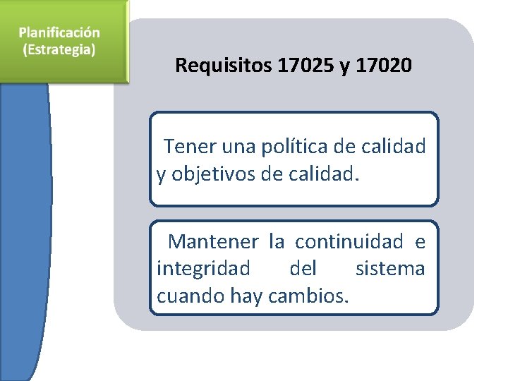 Requisitos 17025 y 17020 Tener una política de calidad y objetivos de calidad. Mantener
