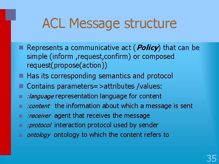 ACL Message structure n Represents a communicative act (Policy) that can be simple (inform