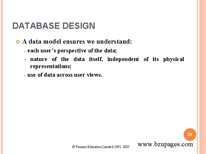 DATABASE DESIGN A data model ensures we understand: - each user’s perspective of the