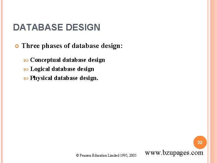 DATABASE DESIGN Three phases of database design: Conceptual database design Logical database design Physical