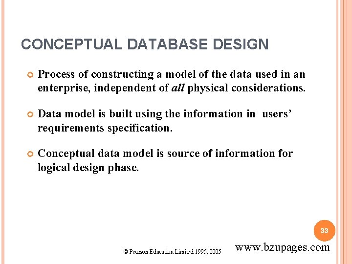 CONCEPTUAL DATABASE DESIGN Process of constructing a model of the data used in an