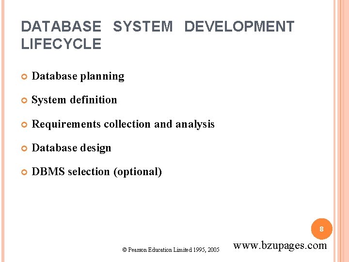 DATABASE SYSTEM DEVELOPMENT LIFECYCLE Database planning System definition Requirements collection and analysis Database design