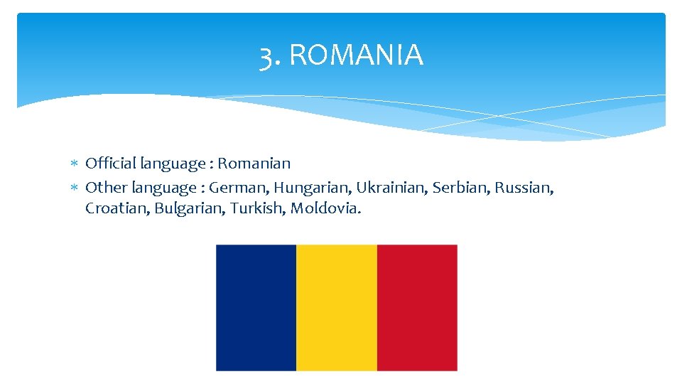 3. ROMANIA Official language : Romanian Other language : German, Hungarian, Ukrainian, Serbian, Russian,