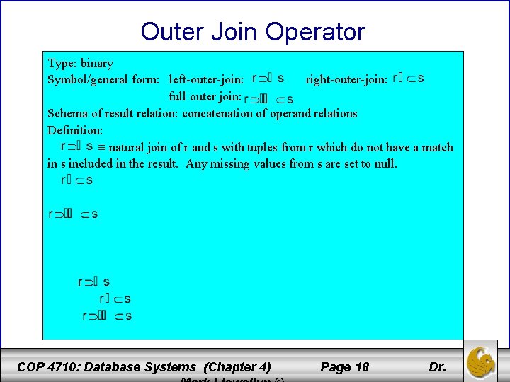 Outer Join Operator Type: binary Symbol/general form: left-outer-join: right-outer-join: full outer join: Schema of