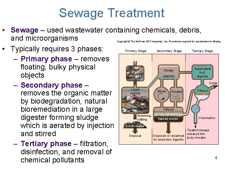 Sewage Treatment • Sewage – used wastewater containing chemicals, debris, and microorganisms • Typically