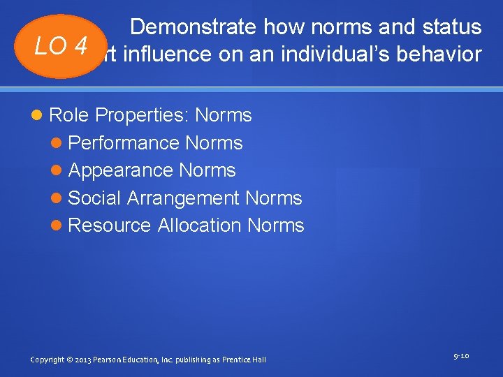 Demonstrate how norms and status LOexert 4 influence on an individual’s behavior Role Properties: