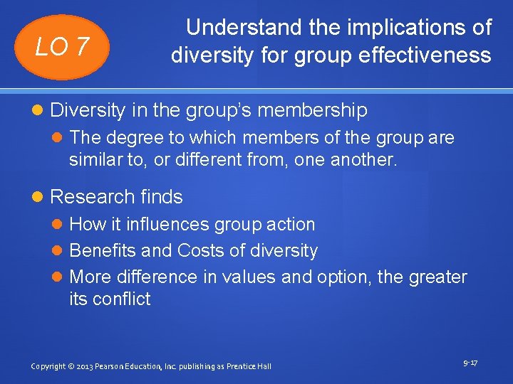 LO 7 Understand the implications of diversity for group effectiveness Diversity in the group’s
