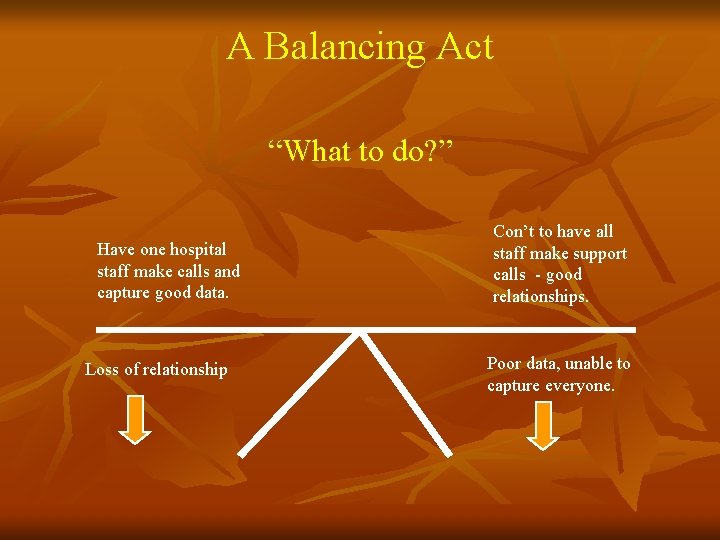 A Balancing Act “What to do? ” Have one hospital staff make calls and