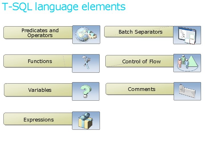T-SQL language elements Predicates and Operators Batch Separators Functions Control of Flow Variables Comments