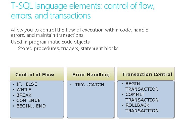 T-SQL language elements: control of flow, errors, and transactions Allow you to control the