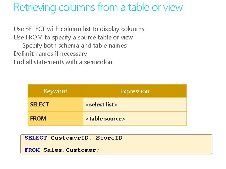 Retrieving columns from a table or view Use SELECT with column list to display