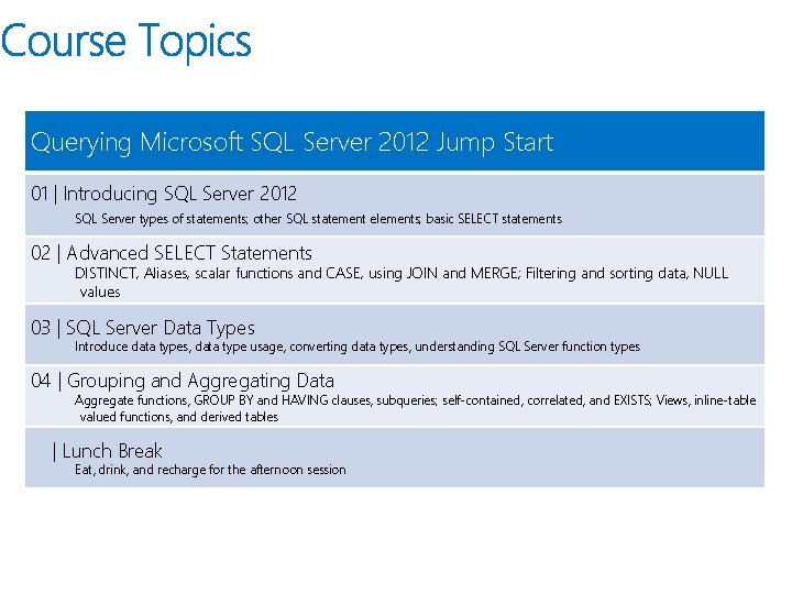Querying Microsoft SQL Server 2012 Jump Start 01 | Introducing SQL Server 2012 SQL