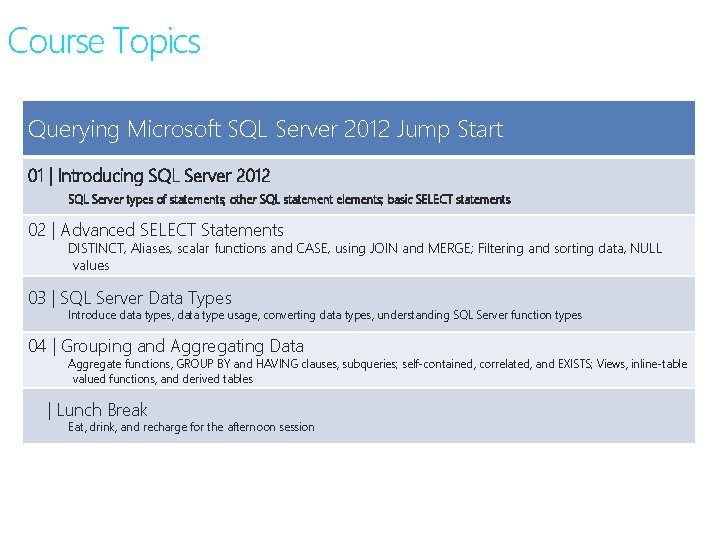 Course Topics Querying Microsoft SQL Server 2012 Jump Start 01 | Introducing SQL Server