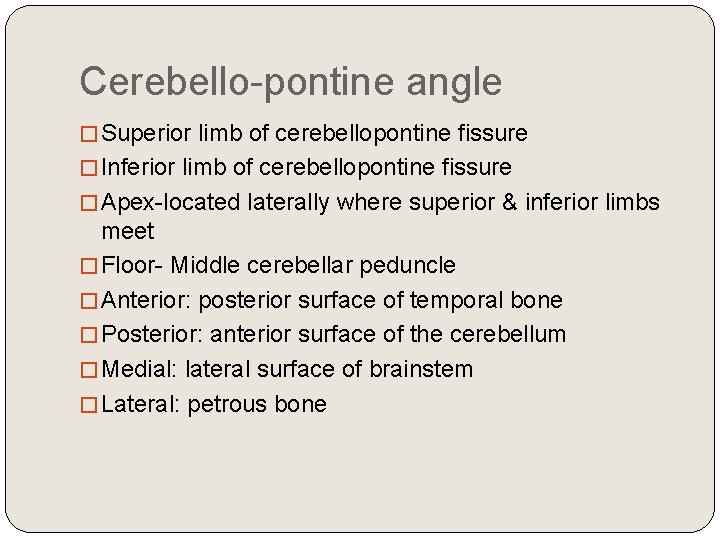 Cerebello-pontine angle �Superior limb of cerebellopontine fissure �Inferior limb of cerebellopontine fissure �Apex-located laterally