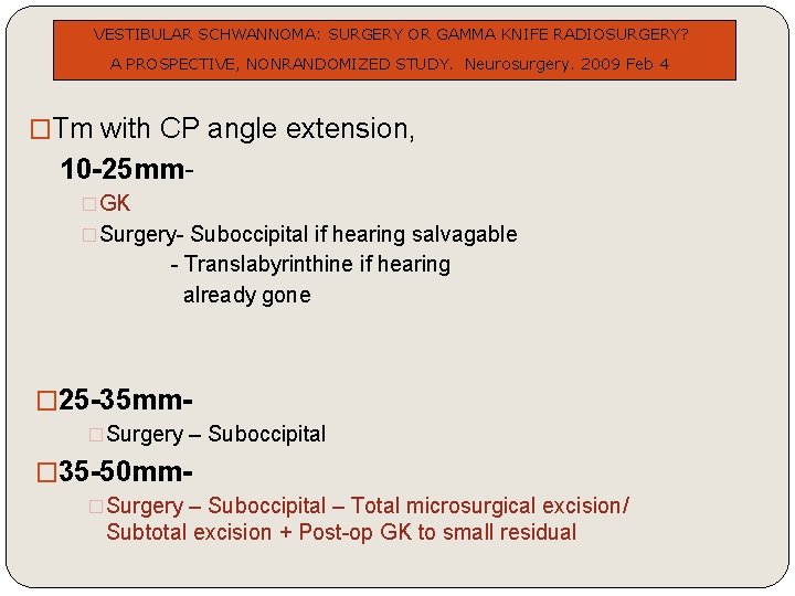 VESTIBULAR SCHWANNOMA: SURGERY OR GAMMA KNIFE RADIOSURGERY? A PROSPECTIVE, NONRANDOMIZED STUDY. Neurosurgery. 2009 Feb