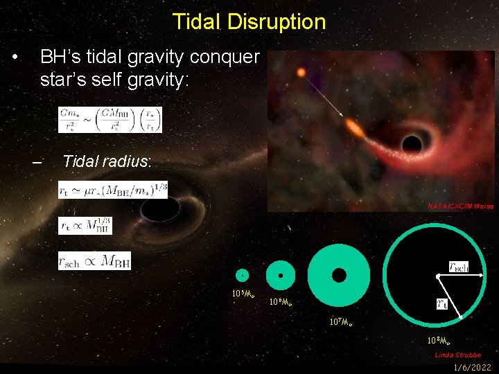 Tidal Disruption • BH’s tidal gravity conquer star’s self gravity: – Tidal radius: NASA/CXC/M.