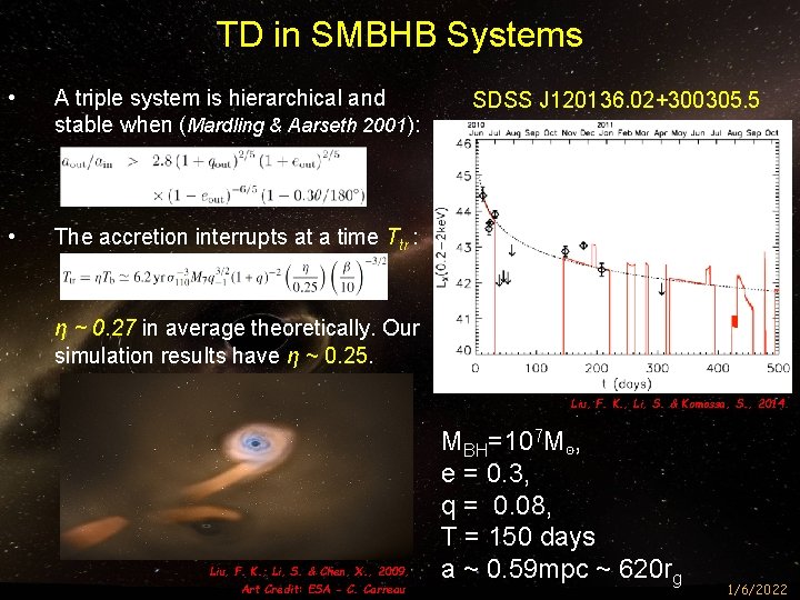 TD in SMBHB Systems • A triple system is hierarchical and stable when (Mardling