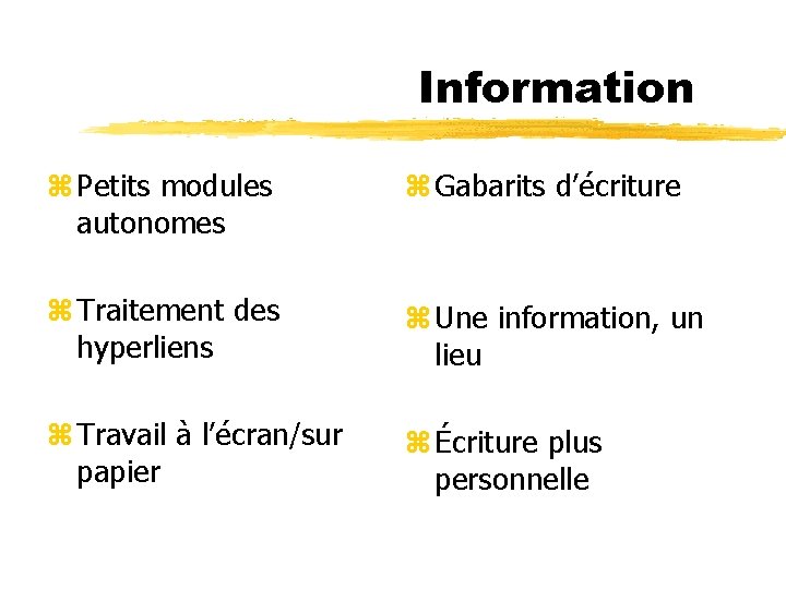 Information z Petits modules autonomes z Gabarits d’écriture z Traitement des hyperliens z Une