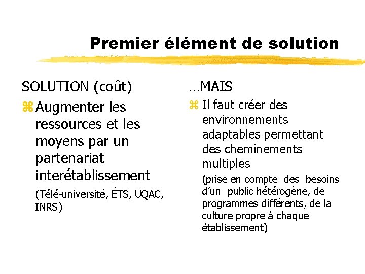 Premier élément de solution SOLUTION (coût) z Augmenter les ressources et les moyens par