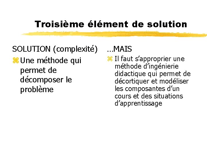 Troisième élément de solution SOLUTION (complexité) z Une méthode qui permet de décomposer le