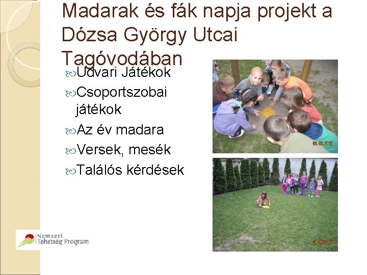 Madarak és fák napja projekt a Dózsa György Utcai Tagóvodában Udvari Játékok Csoportszobai játékok