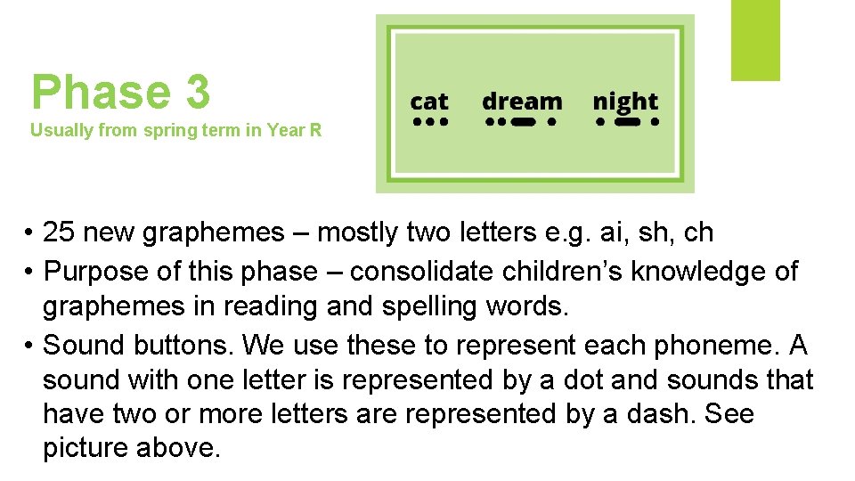 Phase 3 Usually from spring term in Year R • 25 new graphemes –