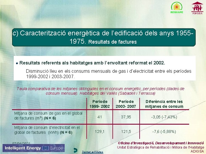 c) Caracterització energètica de l’edificació dels anys 19551975. Resultats de factures ● Resultats referents
