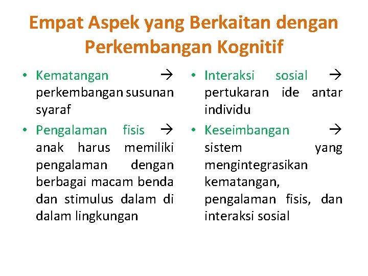 Empat Aspek yang Berkaitan dengan Perkembangan Kognitif • Kematangan perkembangan susunan syaraf • Pengalaman