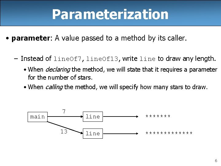 Parameterization • parameter: A value passed to a method by its caller. – Instead