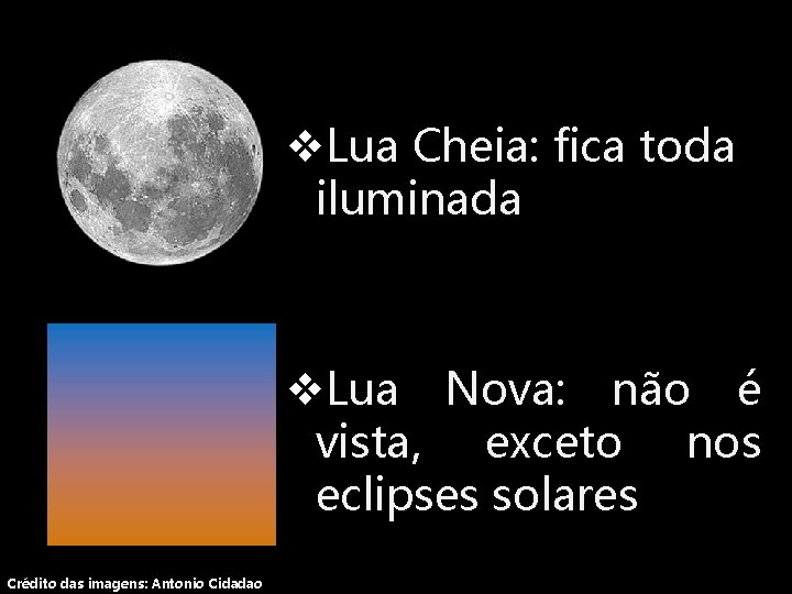 v. Lua Cheia: fica toda iluminada v. Lua Nova: não é vista, exceto nos