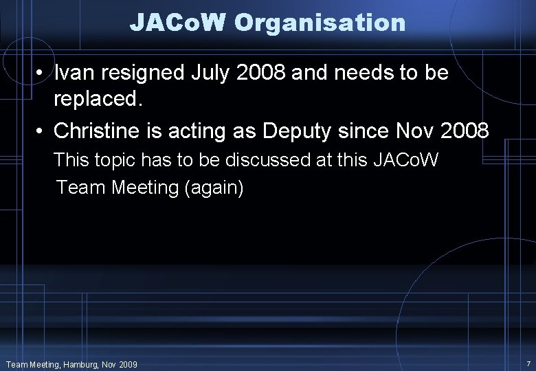 JACo. W Organisation • Ivan resigned July 2008 and needs to be replaced. •