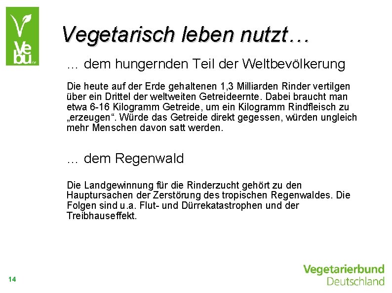 Vegetarisch leben nutzt… … dem hungernden Teil der Weltbevölkerung Die heute auf der Erde