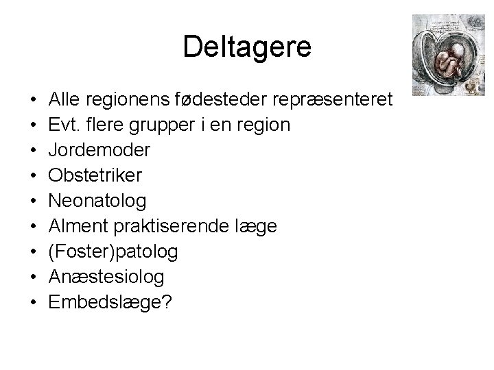 Deltagere • • • Alle regionens fødesteder repræsenteret Evt. flere grupper i en region