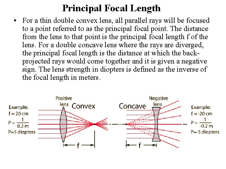 Principal Focal Length • For a thin double convex lens, all parallel rays will