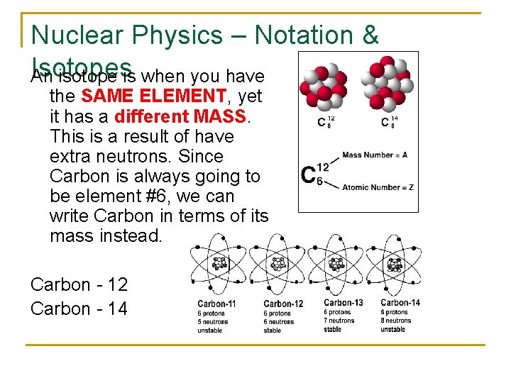 Nuclear Physics – Notation & Isotopes An isotope is when you have the SAME