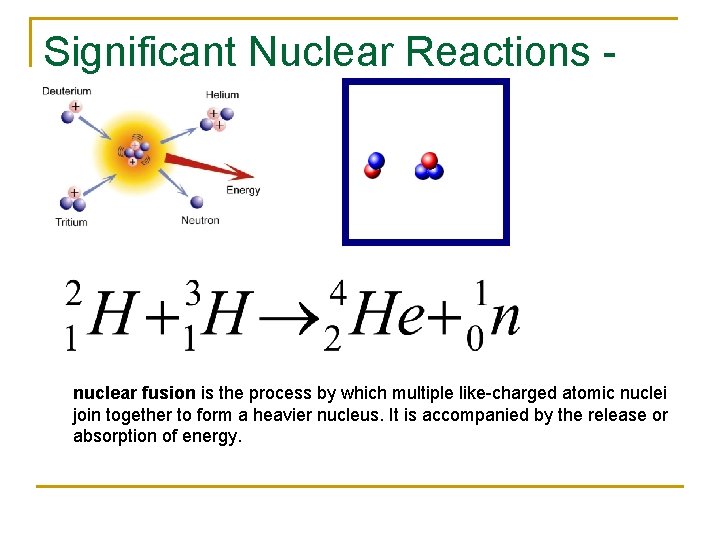 Significant Nuclear Reactions Fusion nuclear fusion is the process by which multiple like-charged atomic