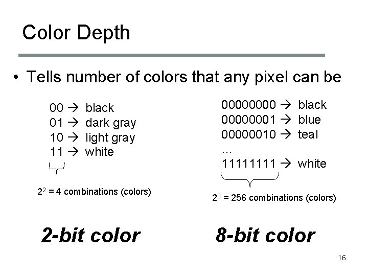 Color Depth • Tells number of colors that any pixel can be 00 01