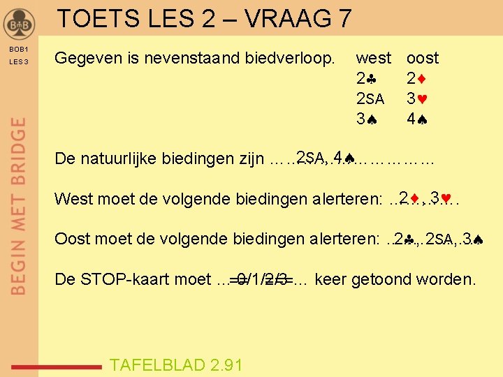 TOETS LES 2 – VRAAG 7 BOB 1 LES 3 Gegeven is nevenstaand biedverloop.