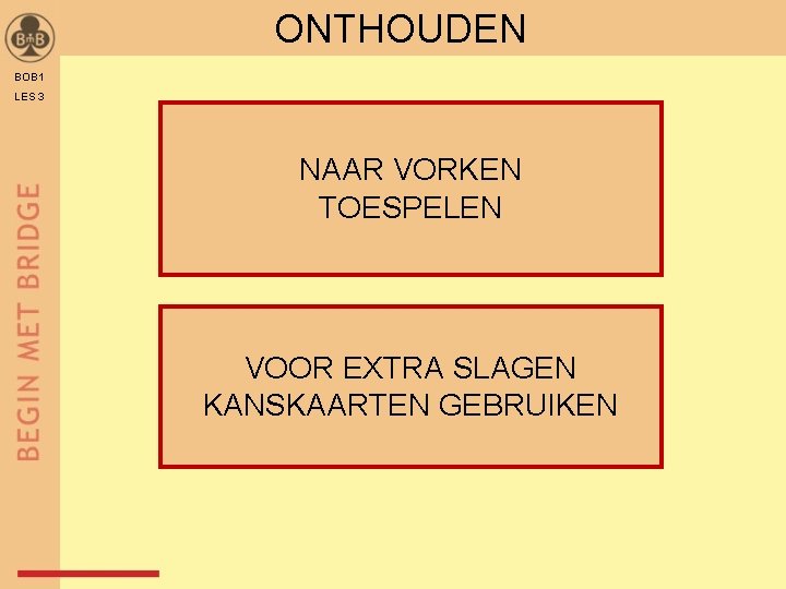 ONTHOUDEN BOB 1 LES 3 NAAR VORKEN TOESPELEN VOOR EXTRA SLAGEN KANSKAARTEN GEBRUIKEN 