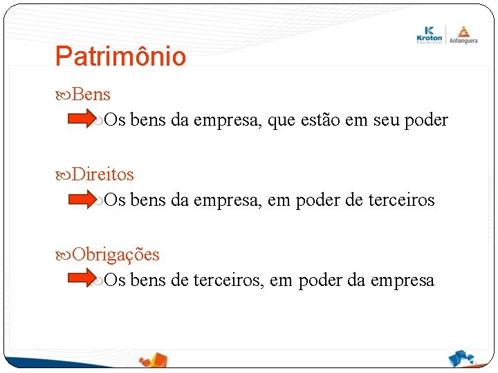 Patrimônio Bens Os bens da empresa, que estão em seu poder Direitos Os bens