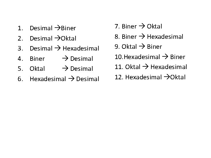 1. 2. 3. 4. 5. 6. Desimal Biner Desimal Oktal Desimal Hexadesimal Biner Desimal
