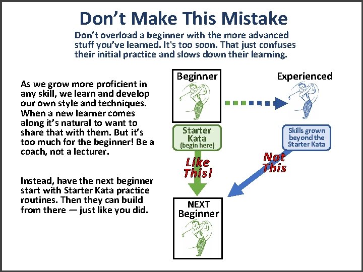 Don’t Make This Mistake Don’t overload a beginner with the more advanced stuff you’ve