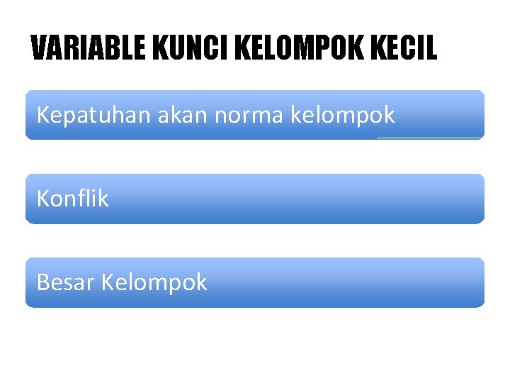 VARIABLE KUNCI KELOMPOK KECIL Kepatuhan akan norma kelompok Konflik Besar Kelompok 