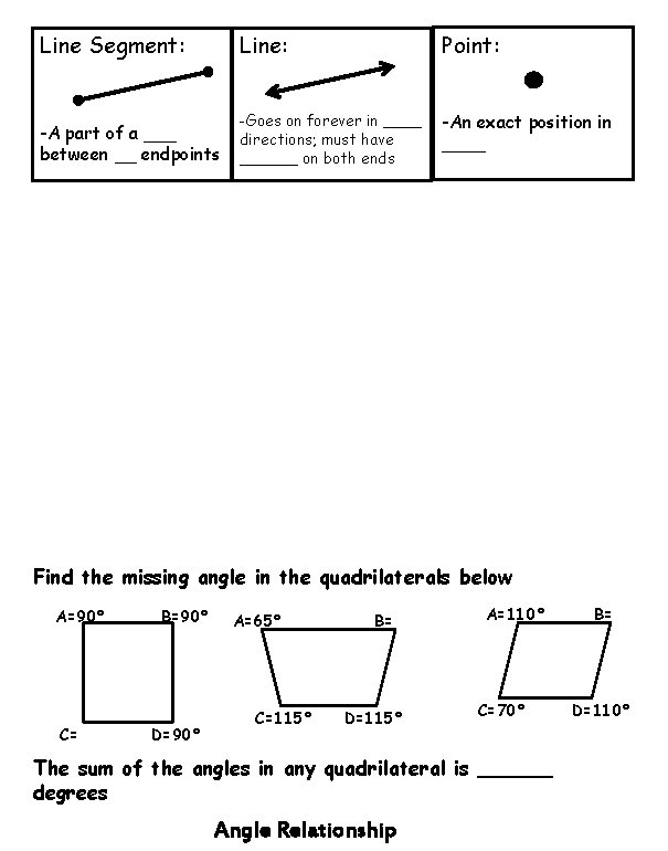 Line Segment: Line: Point: -A part of a ___ between __ endpoints -Goes on