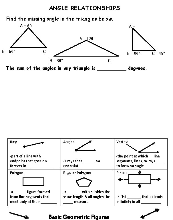 ANGLE RELATIONSHIPS Find the missing angle in the triangles below. A = 60° A=