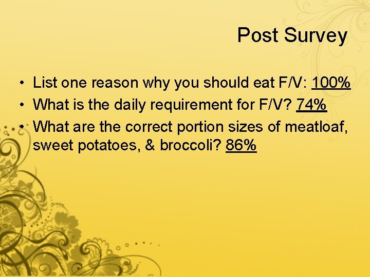 Post Survey • List one reason why you should eat F/V: 100% • What